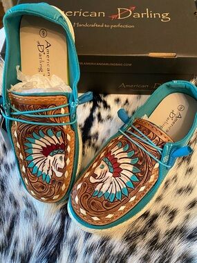 American Darling Turquoise and Brown Hand-Tooled Leather Buckstitch